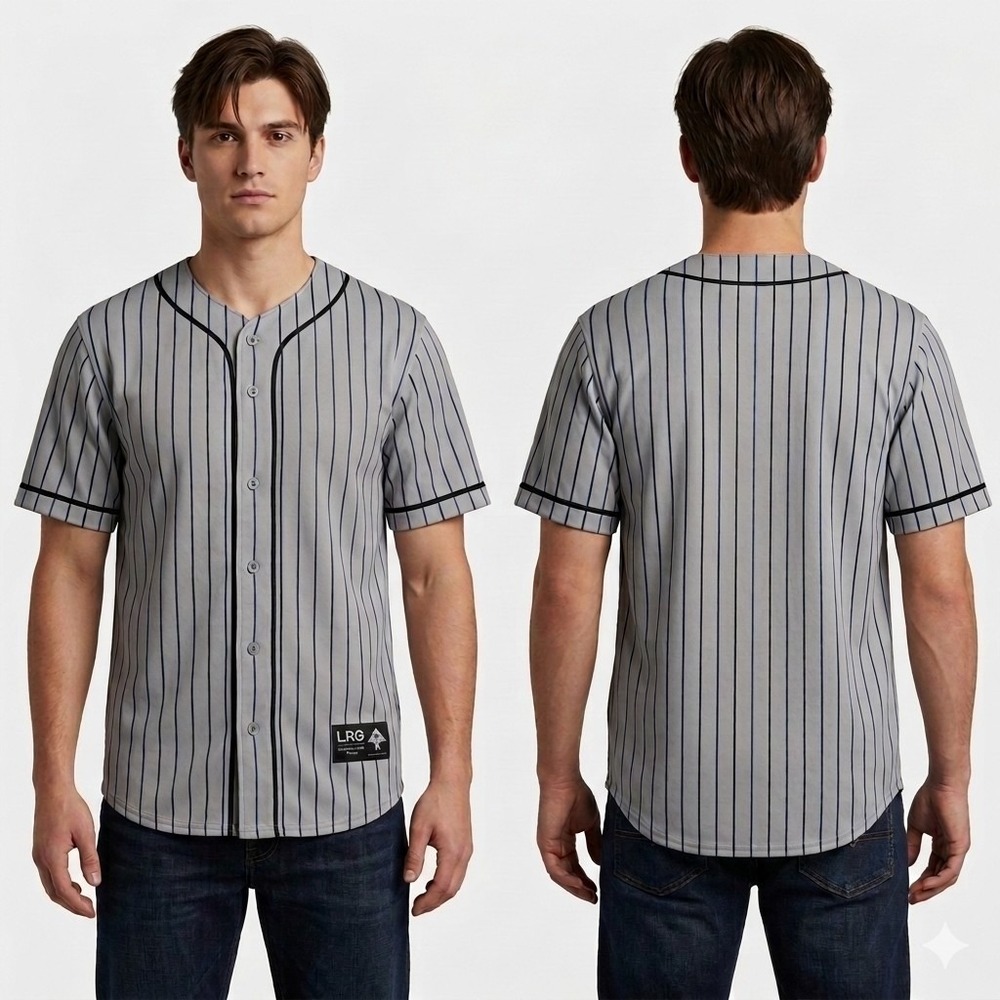 LRG Lifted Research Group Baseball Jersey Shirt Mens Medium Gray Pinstripe Short